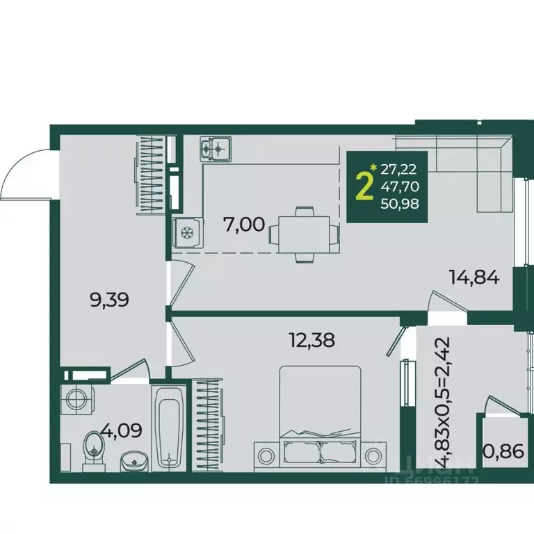 2-к кв. Краснодарский край, Краснодар Образцово мкр,  (50.98 м) - Фото 1