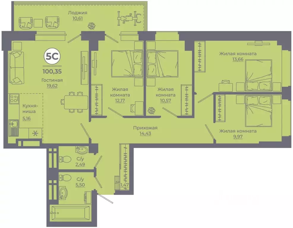 5-к кв. Ростовская область, Ростов-на-Дону ул. Еременко, 113 (100.56 ... - Фото 1