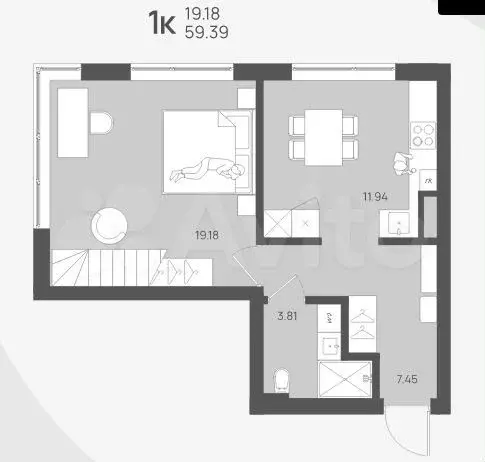 1-к. квартира, 59,4 м, 4/4 эт. - Фото 1