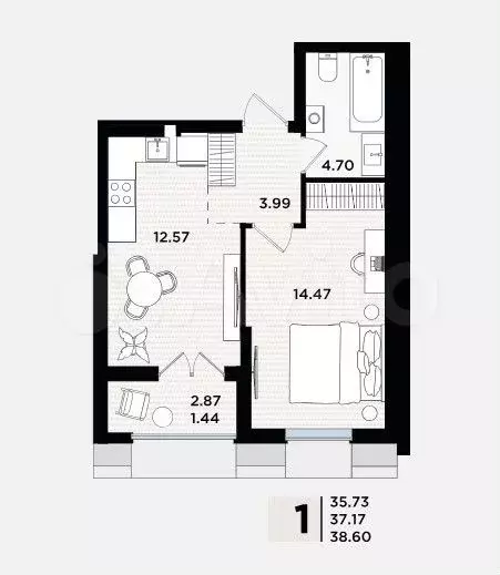 1-к. квартира, 38,6 м, 4/5 эт. - Фото 1