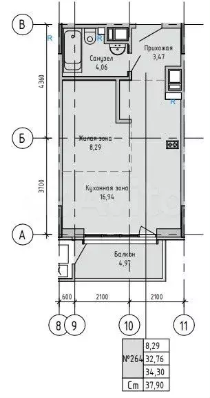 Квартира-студия, 34,3м, 2/16эт. - Фото 0