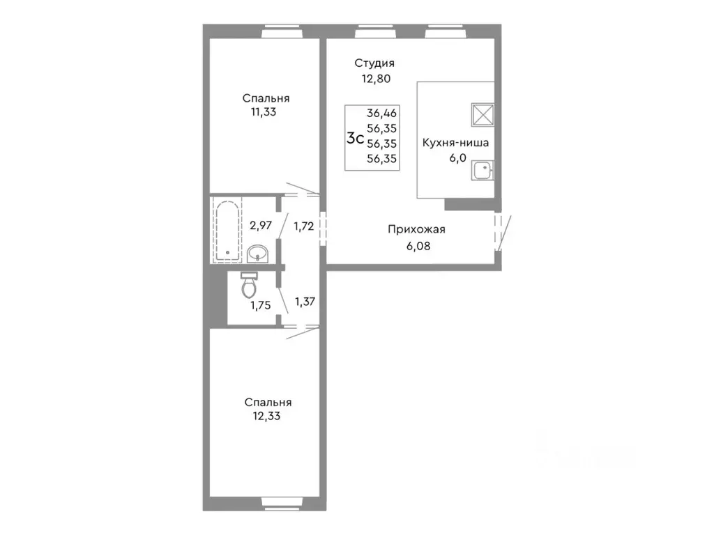 3-к кв. Челябинская область, Челябинск ул. Танкистов, 175 (56.35 м) - Фото 1