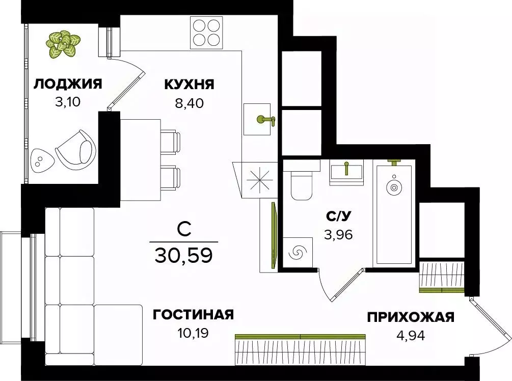 Студия Тульская область, Тула  (30.59 м) - Фото 0