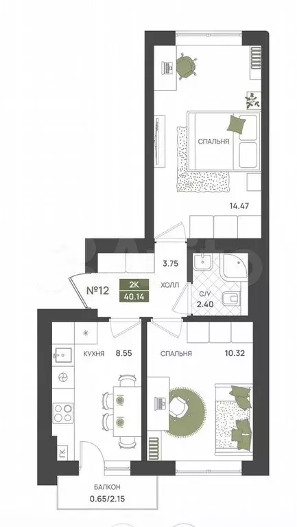 2-к. квартира, 40 м, 4/5 эт. - Фото 1