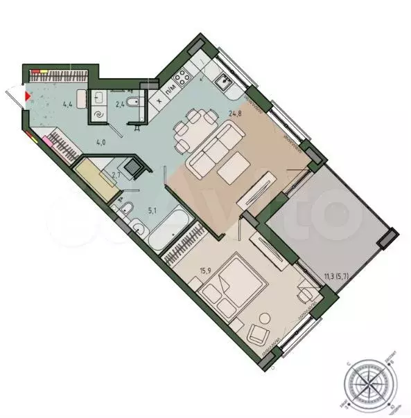 1-к. квартира, 65 м, 8/12 эт. - Фото 1