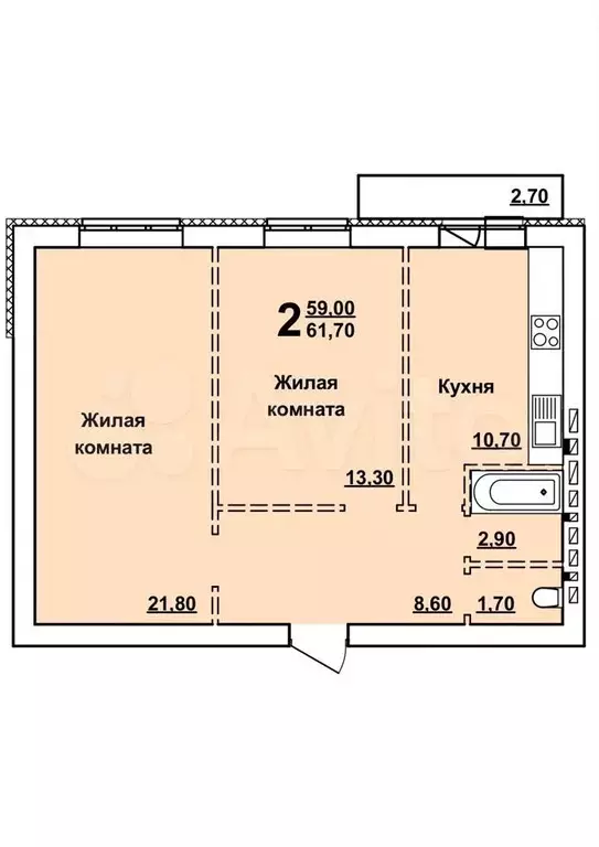 2-к. квартира, 61,7 м, 7/10 эт. - Фото 0