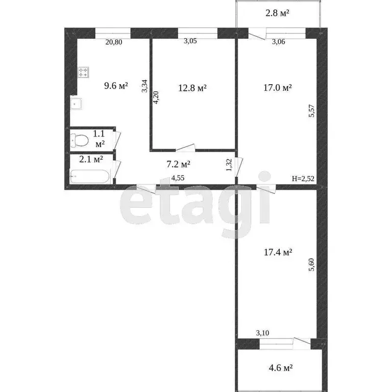Квартира, 3 комнаты, 66.4 м - Фото 0