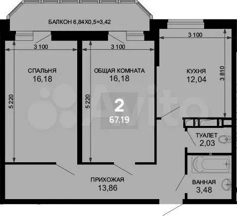 2-к. квартира, 67,2 м, 11/19 эт. - Фото 1