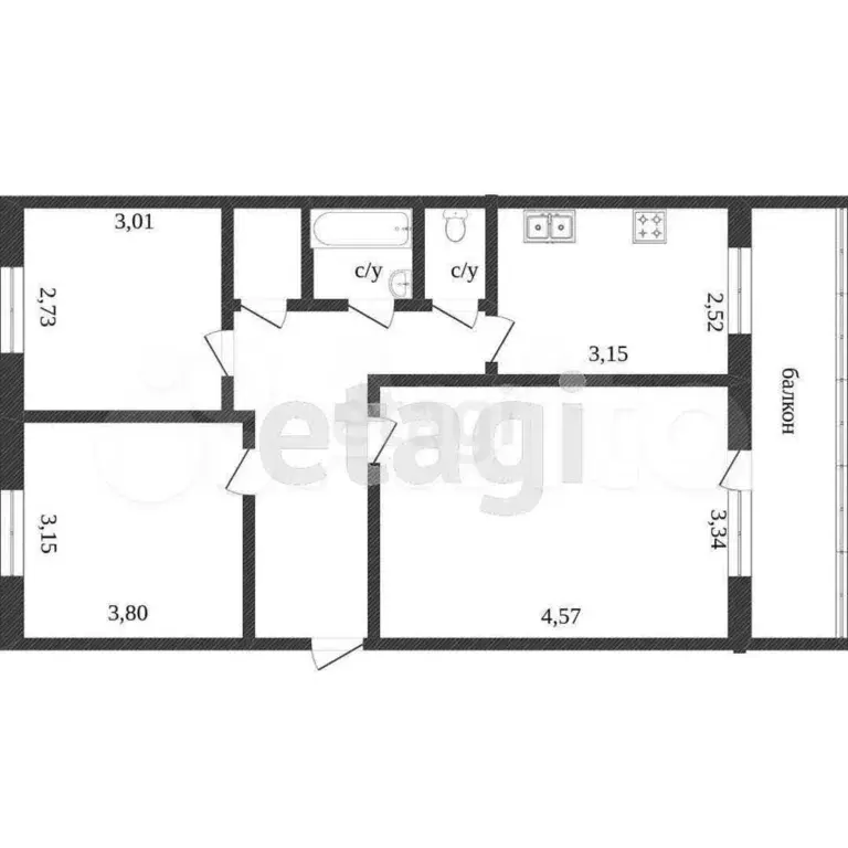 3-к. квартира, 56,1 м, 4/5 эт. - Фото 1