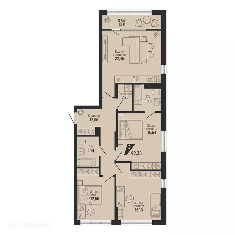 Продаётся 3-к квартира, 95.3 м - Фото 0