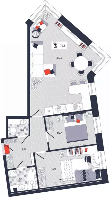 3-к кв. Тульская область, Тула ул. Академика Насоновой, 1А (72.8 м) - Фото 1