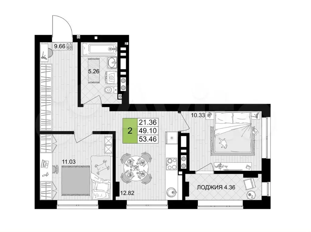 2-к. квартира, 53,4 м, 4/7 эт. - Фото 1