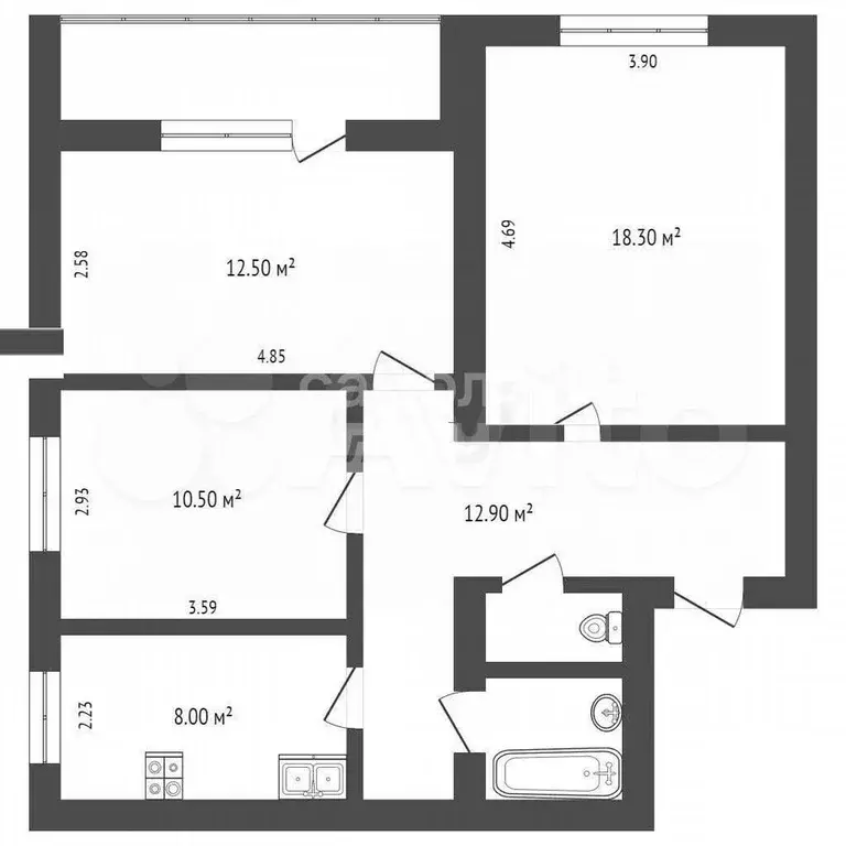 3-к. квартира, 69,4 м, 5/5 эт. - Фото 1