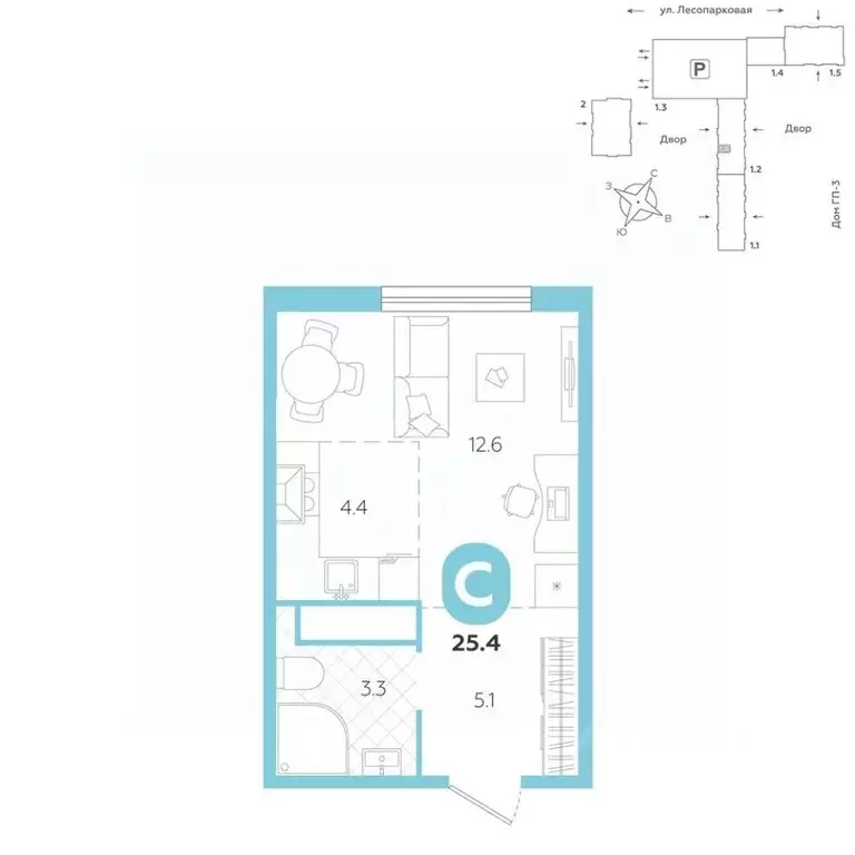 Студия Тюменская область, Тюмень ул. Лесопарковая, 22 (25.4 м) - Фото 1