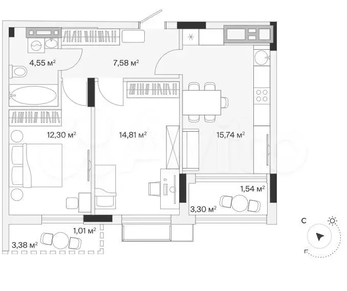 2-к. квартира, 58,2 м, 7/7 эт. - Фото 1