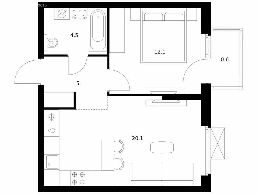 1-комнатная квартира: Казань, ЖК Нокса Парк (42.3 м) - Фото 0
