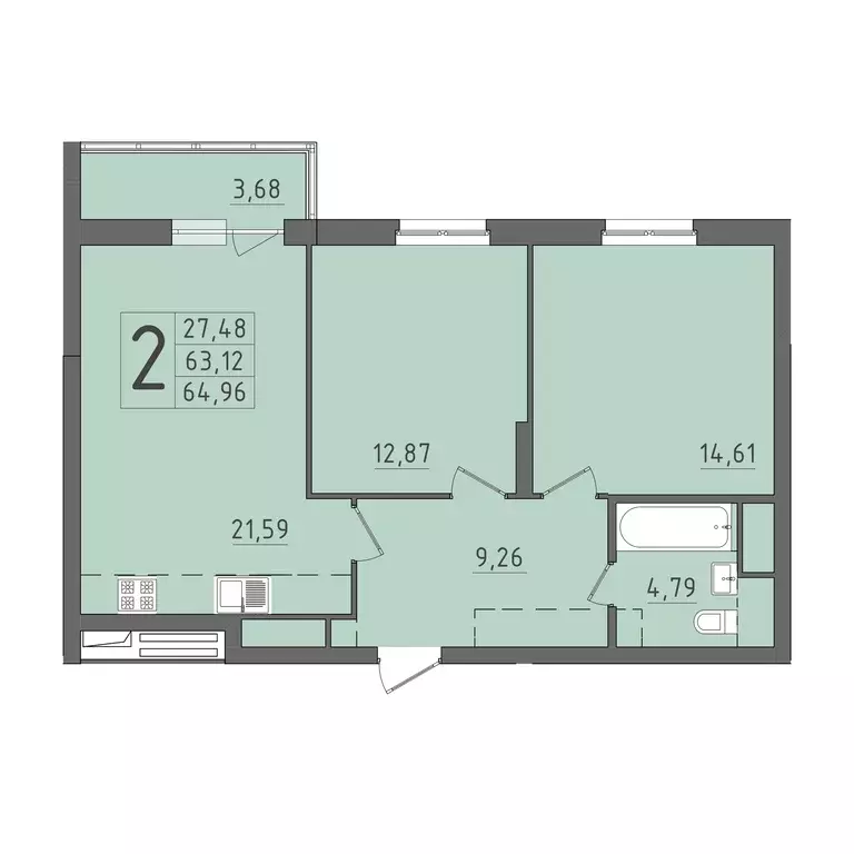 2-к квартира, 64.96 м - Фото 0