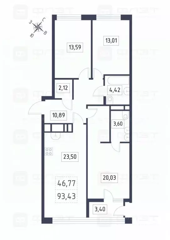 3-к кв. Татарстан, Казань ул. Шаляпина, 32 (93.4 м) - Фото 2