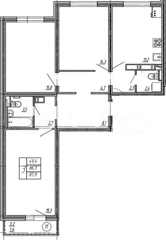 3-к. квартира, 87,9 м, 14/17 эт. - Фото 1