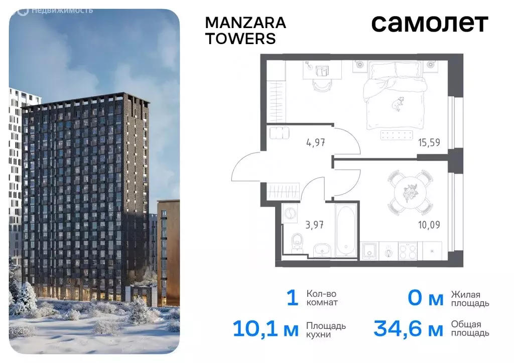 1-комнатная квартира: Казань, жилой комплекс Манзара Тауэрс (34.62 м) - Фото 0