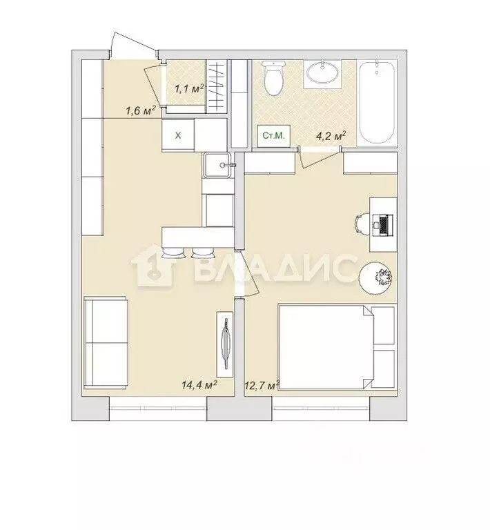 2-комнатная квартира: Жуковский, улица Наркомвод, 31 (33.9 м) - Фото 1