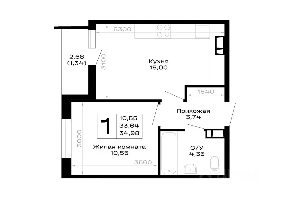 1-к кв. Адыгея, Майкоп  (34.98 м) - Фото 1