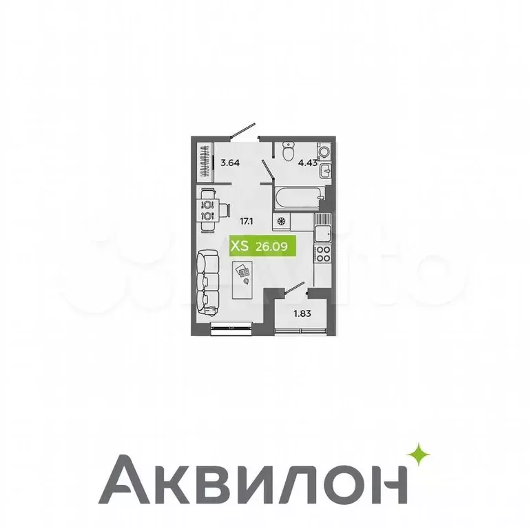 Квартира-студия, 26,1 м, 3/5 эт. - Фото 0