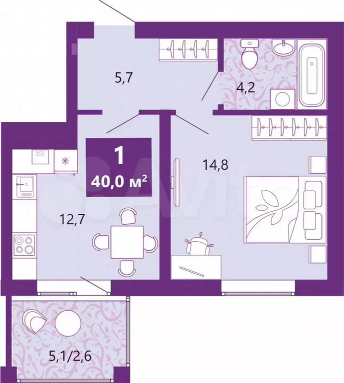 1-к. квартира, 40 м, 4/4 эт. - Фото 0