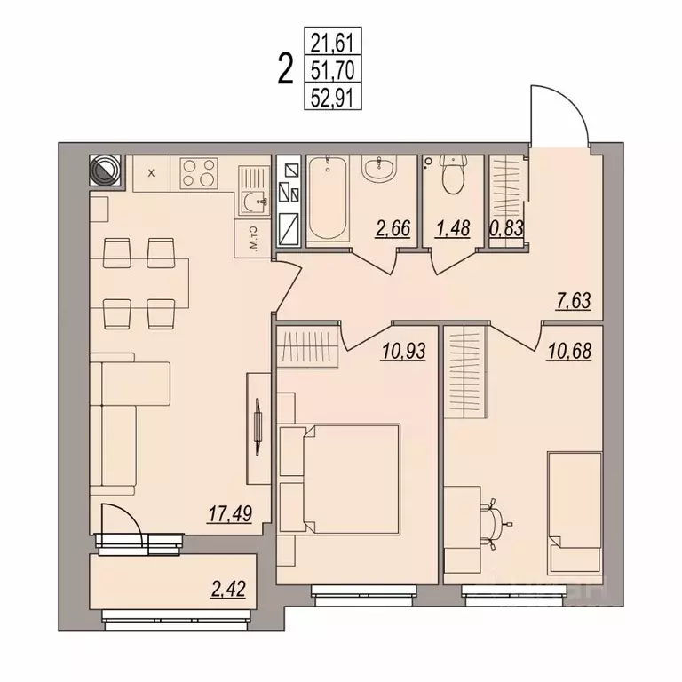 2-к кв. Волгоградская область, Волгоград ул. Дымченко, 9 (52.91 м) - Фото 1