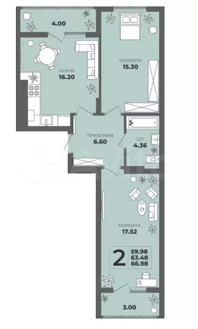2-к. квартира, 63,5 м, 7/8 эт. - Фото 1