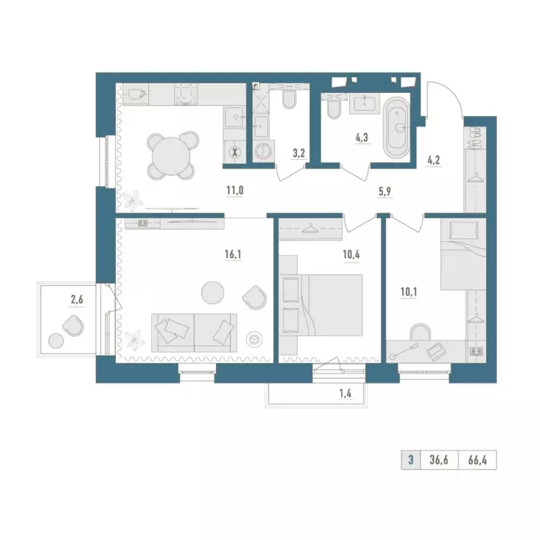 3-к кв. Башкортостан, Уфа Родина Парк жилой комплекс (66.4 м) - Фото 1