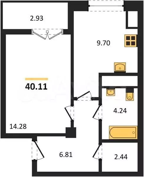 1-к. квартира, 40,1 м, 9/9 эт. - Фото 1