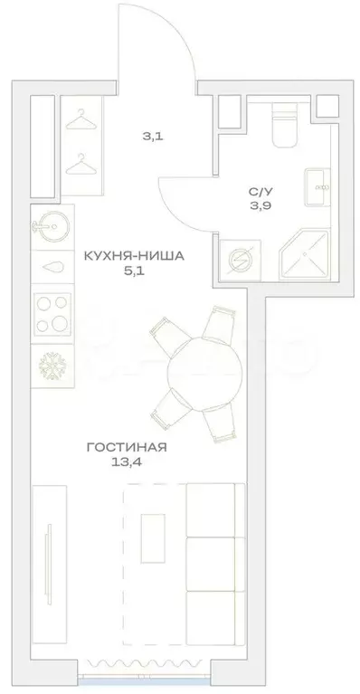 Квартира-студия, 25,5 м, 16/23 эт. - Фото 1