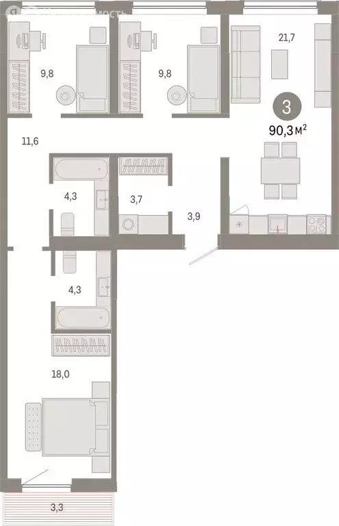 3-комнатная квартира: Новосибирск, Большевистская улица, с49 (90.28 м) - Фото 1