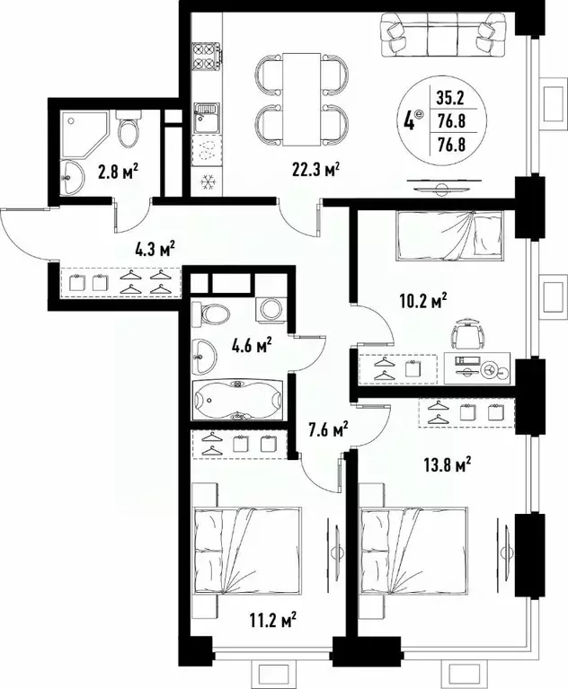 4-к кв. Астраханская область, Астрахань ул. Бэра, 29 (76.8 м) - Фото 2