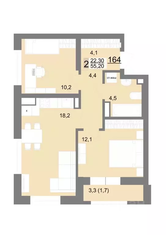 2-к кв. Свердловская область, Екатеринбург ул. Металлургов, 63/1 (55.2 ... - Фото 1