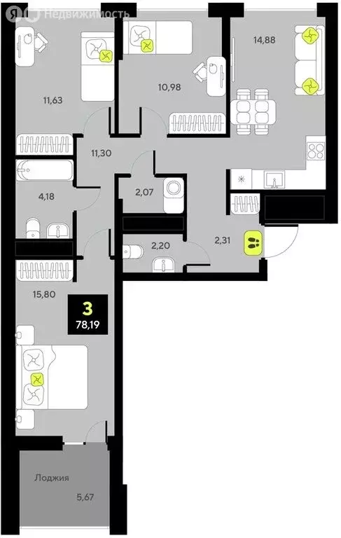 3-комнатная квартира: Тюмень, улица Андрея Приказнова, 7 (78.19 м) - Фото 0