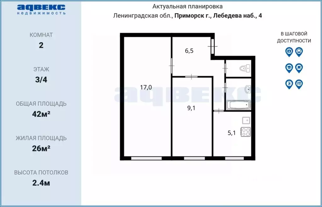 2-к кв. Ленинградская область, Приморск наб. Лебедева, 4 (42.0 м) - Фото 2