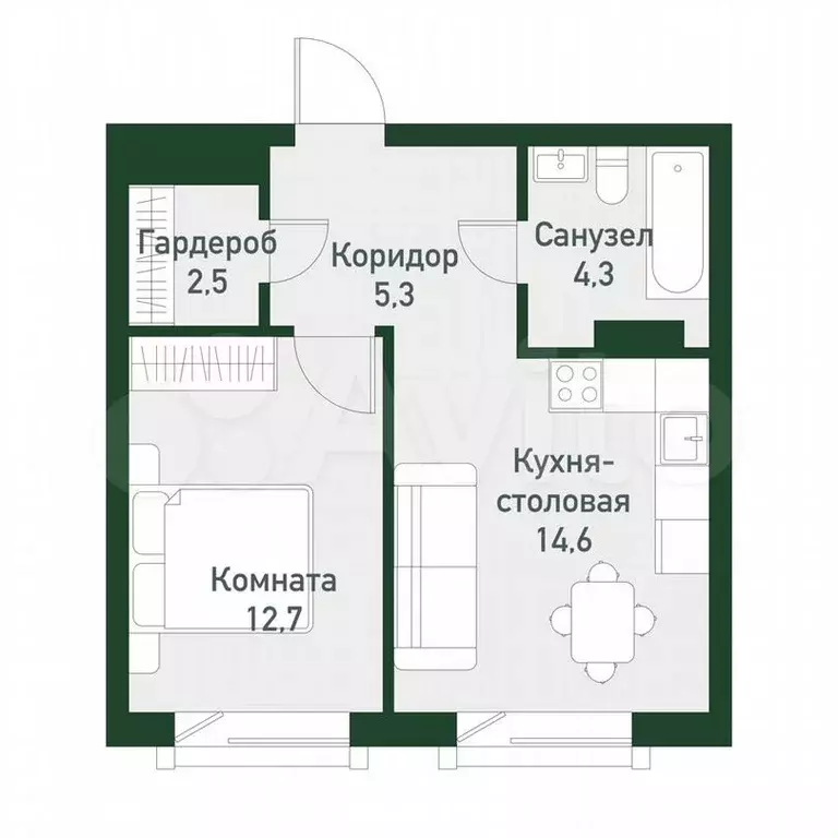 1-к. квартира, 40,5м, 7/7эт. - Фото 0