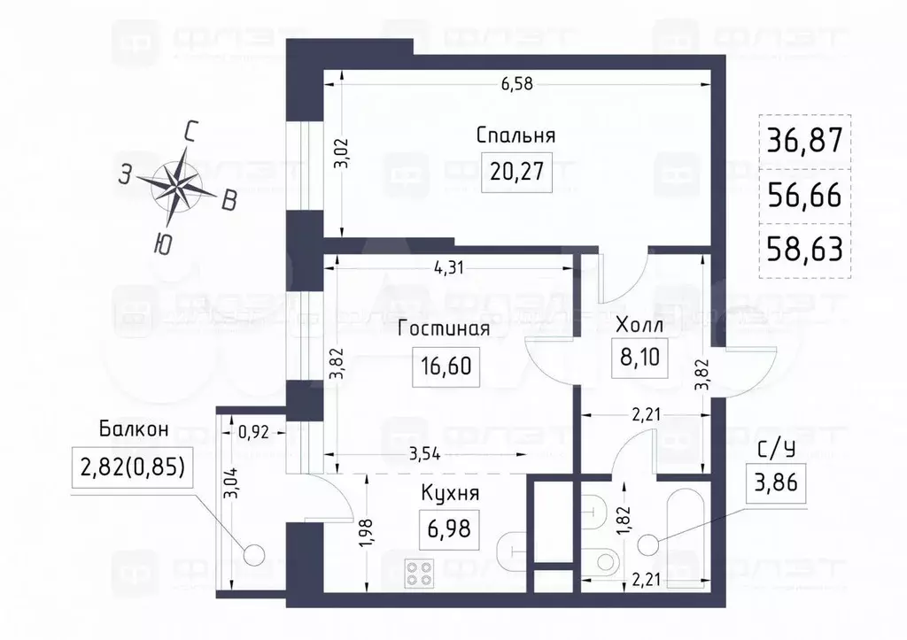 2-к. квартира, 56,7 м, 18/24 эт. - Фото 0