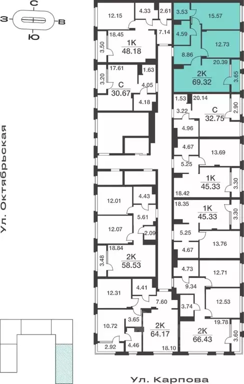 2-к кв. Тульская область, Тула ул. Карпова, 103А (69.32 м) - Фото 2