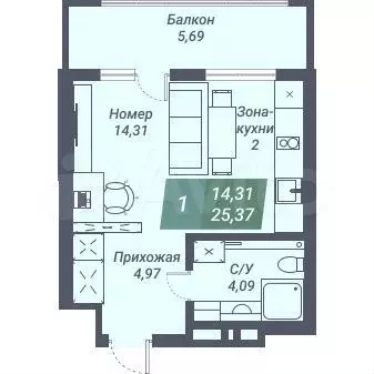 Апартаменты-студия, 25,4 м, 21/23 эт. - Фото 0