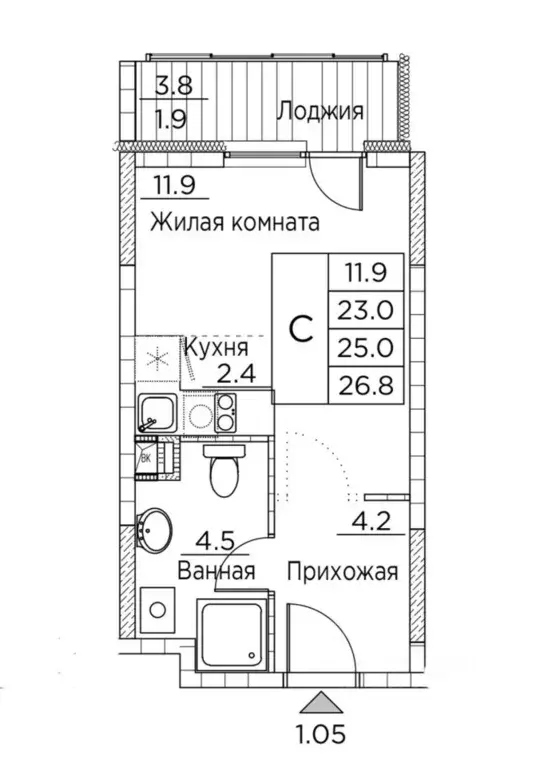 Студия Приморский край, Владивосток ул. Расула Гамзатова, 7к3 (26.8 м) - Фото 0