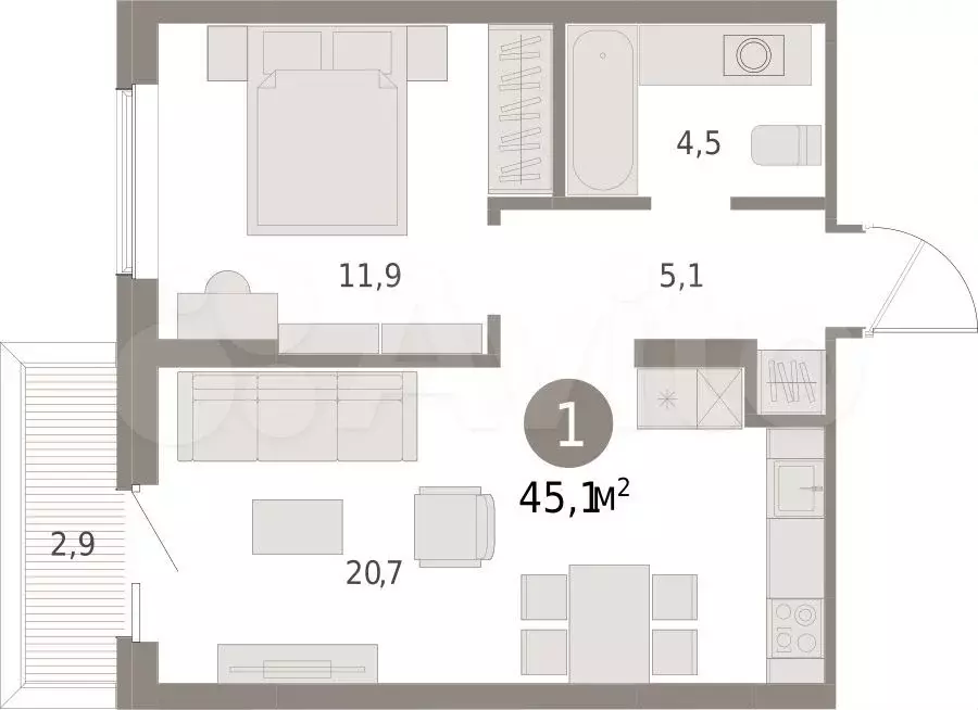 1-к. квартира, 45,1 м, 3/15 эт. - Фото 1