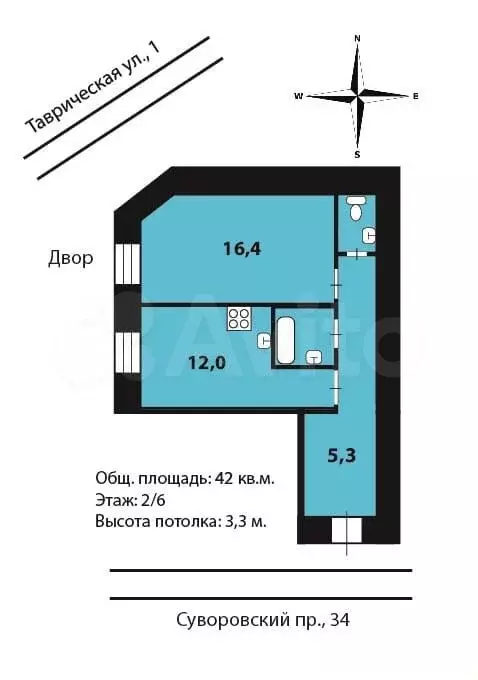 1-к. квартира, 42 м, 2/5 эт. - Фото 0