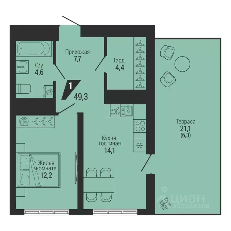 1-к кв. Свердловская область, Екатеринбург Вторчермет жилрайон,  (49.3 ... - Фото 1