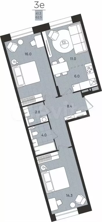 3-к. квартира, 62,5 м, 1/8 эт. - Фото 0