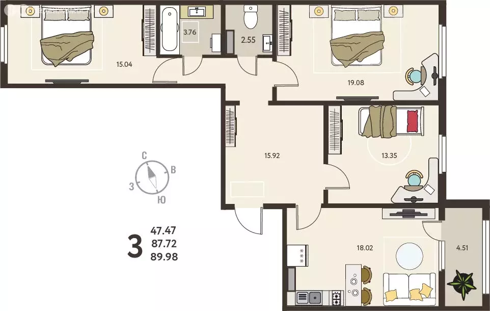 3-комнатная квартира: Курск, микрорайон Курского Завода Тракторных ... - Фото 1