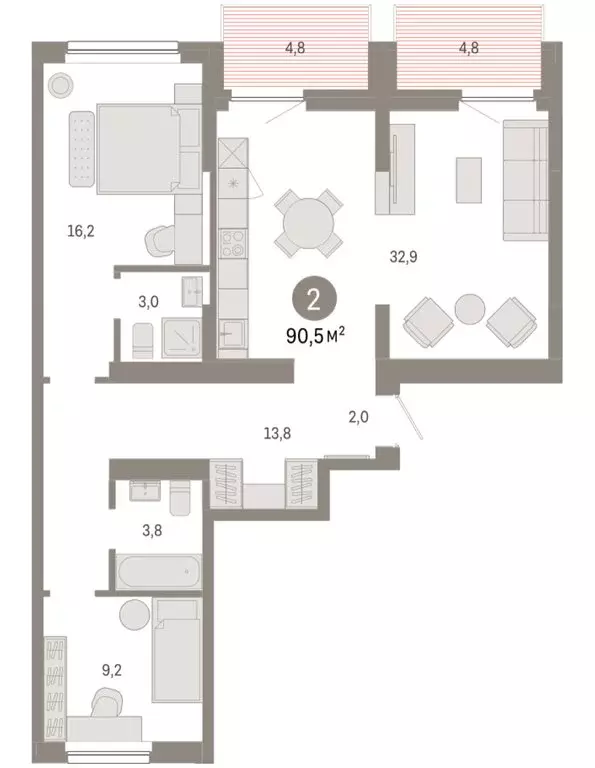2-комнатная квартира: Новосибирск, квартал Лебедевский, 1/3 (90.5 м) - Фото 2