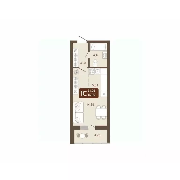 Студия Кемеровская область, Кемерово 58В мкр, 1 (31.06 м) - Фото 2